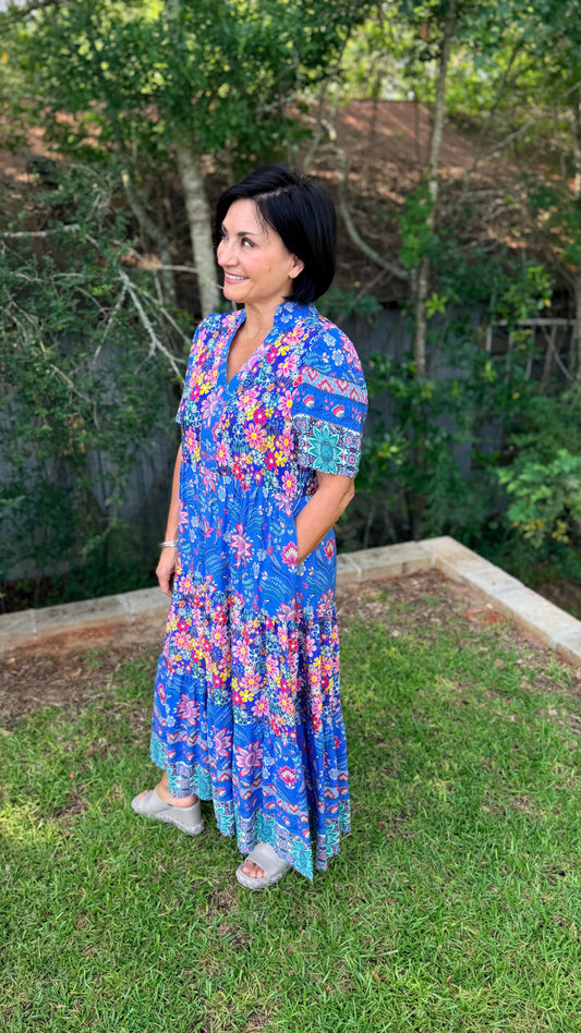 Mixed Print Tiered Midi Dress with Ruffle Neck