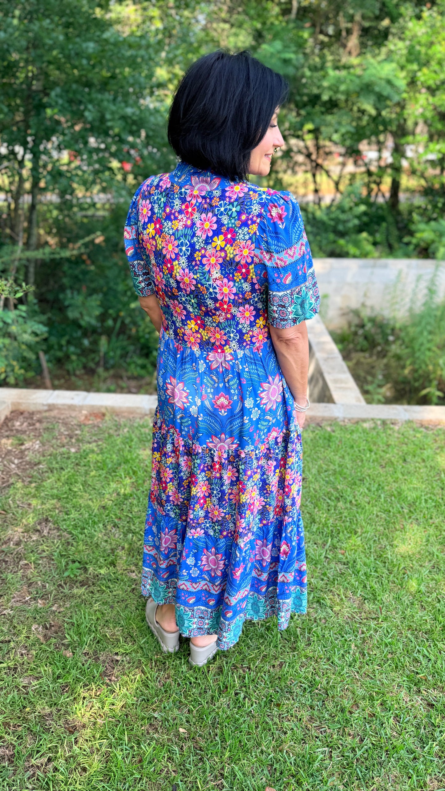 Mixed Print Tiered Midi Dress with Ruffle Neck