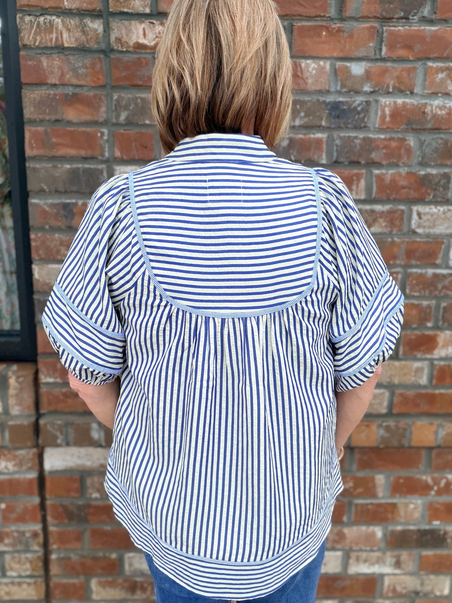 Striped Puff Sleeve Babydoll Top C6109