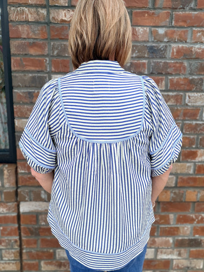 Striped Puff Sleeve Babydoll Top C6109