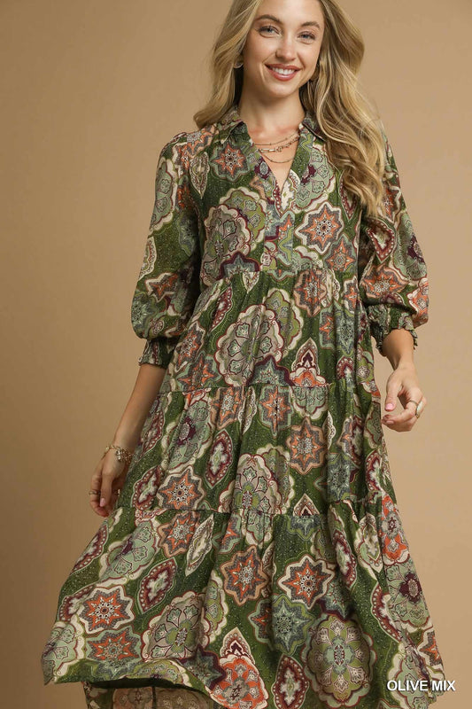 BOHO Print Tiered Midi 0467