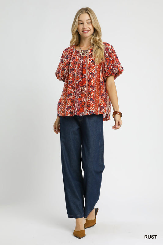 Boho Floral Stripe Puff Sleeve Blouse 0654