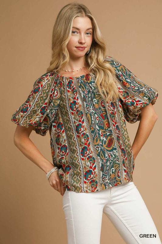 Boho Floral Stripe Puff Sleeve Blouse 0654