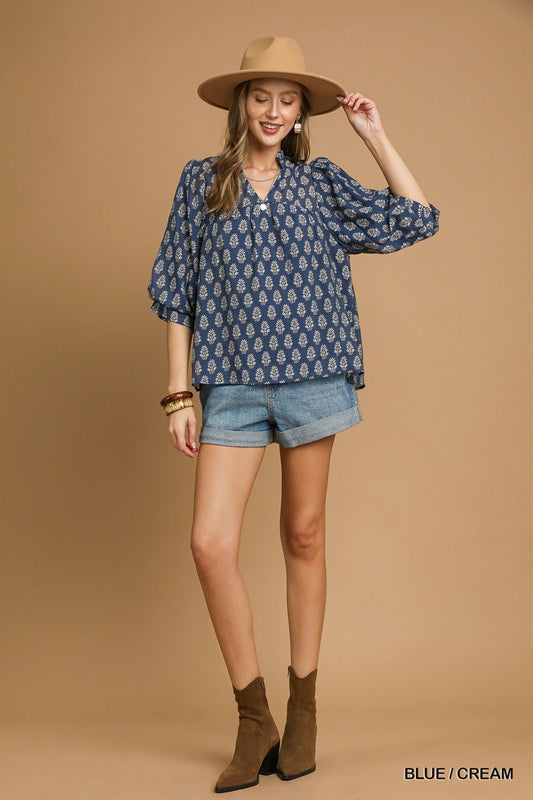 Floral Print V-Split Blouse 0793