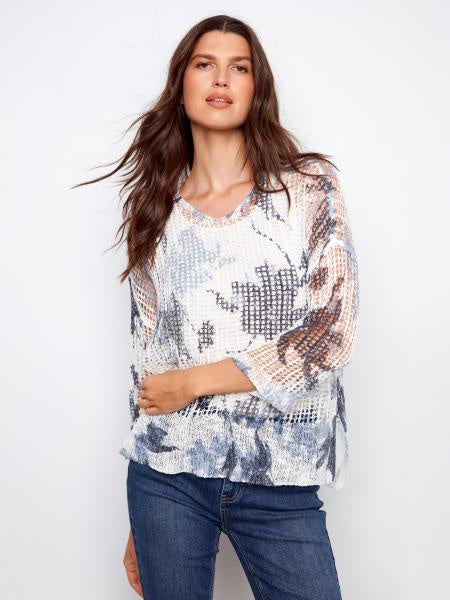 Printed 3/4 Sleeve Fishnet Sweater C2326