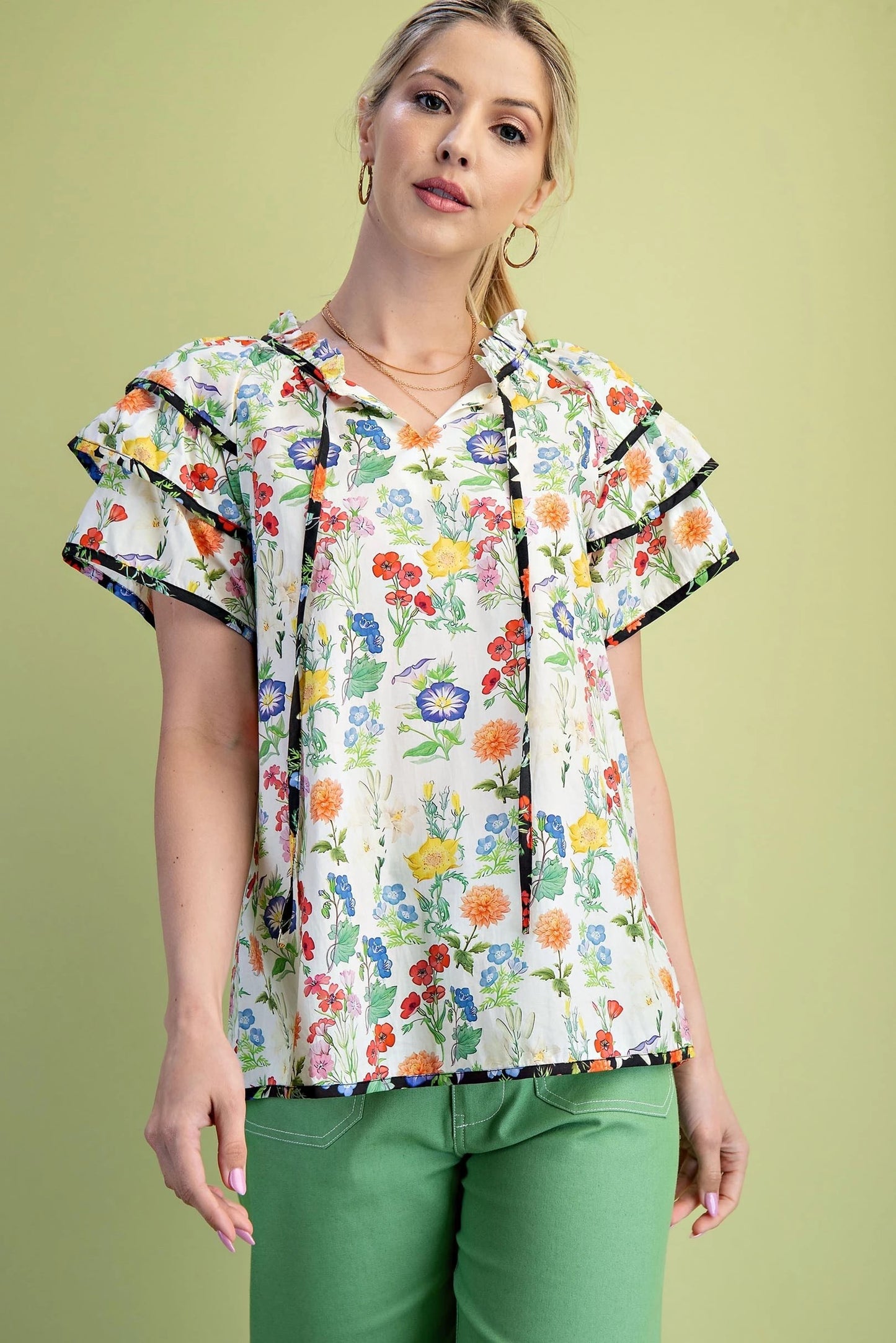 Ruffle Sleeve Colorful Print Top 1143