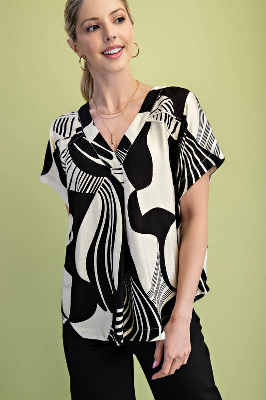 Abstract Print V Neck Top TE1234