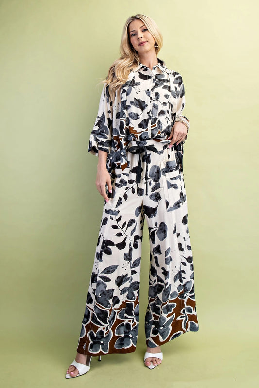 Ruffled Leaf Print Button Down 1383