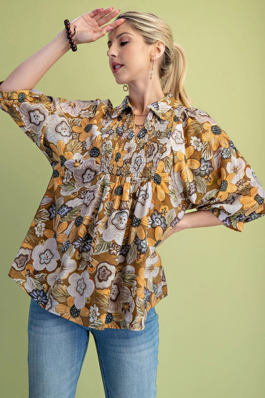Floral Print Blouse with Smocked Yoke TE1320