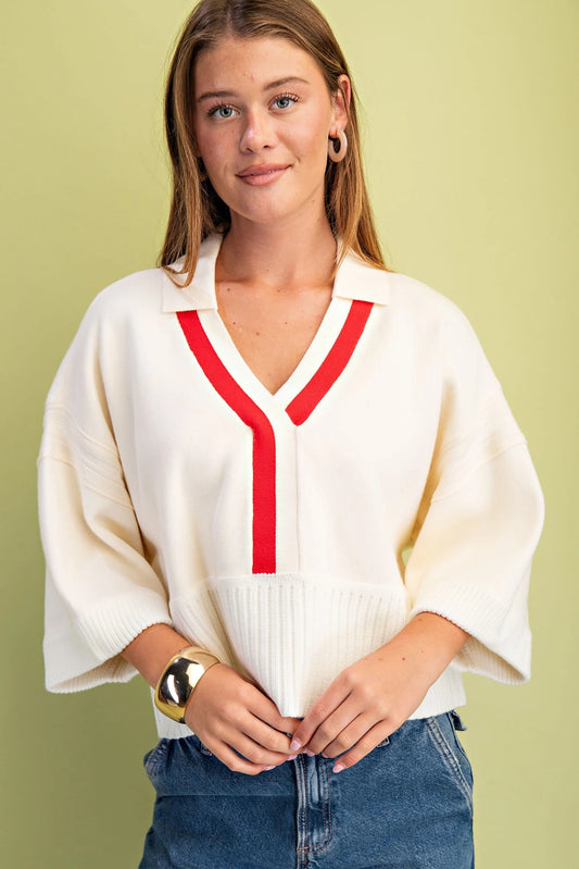 V Neck Sweater with Ribbed Band TE1329