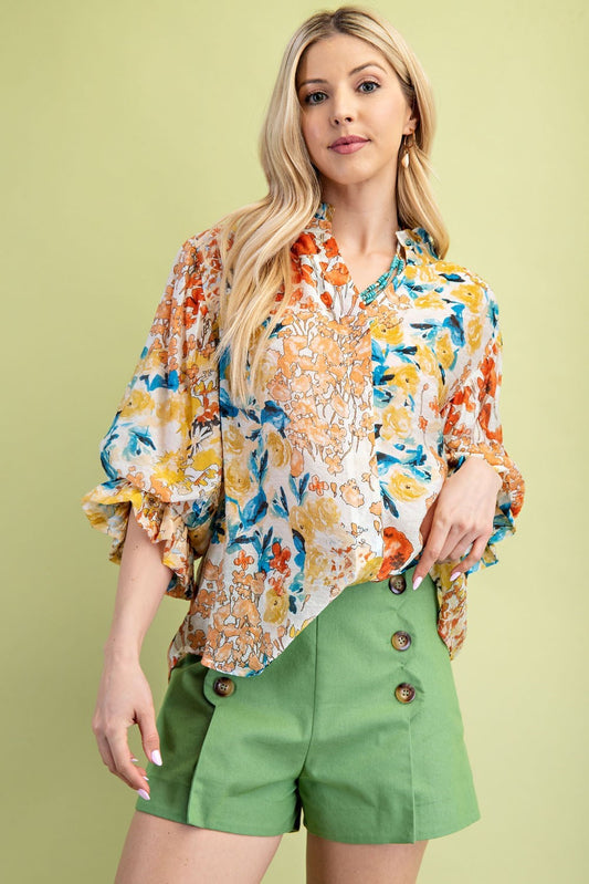 Floral Printed 3/4 Length Sleeve Top 1708