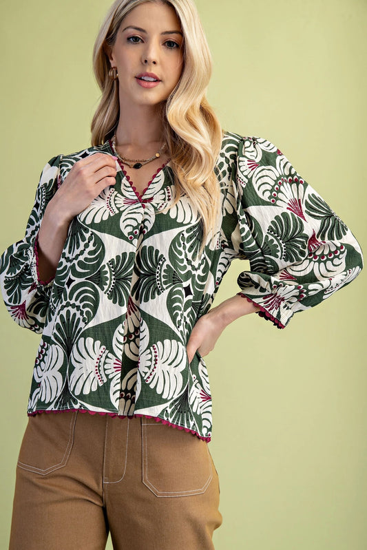 V Neck Blouse with Ric-Rac Trim 1848