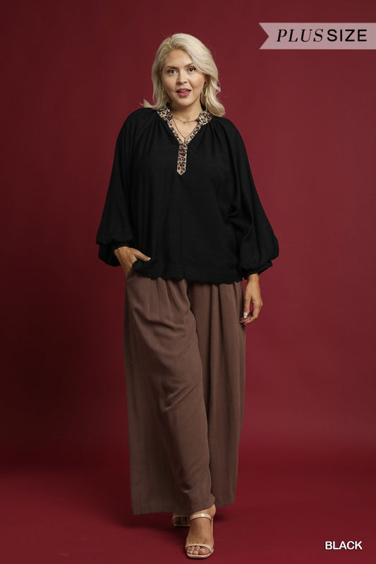 Balloon Sleeve Blouse with Leopard Trim WC5503