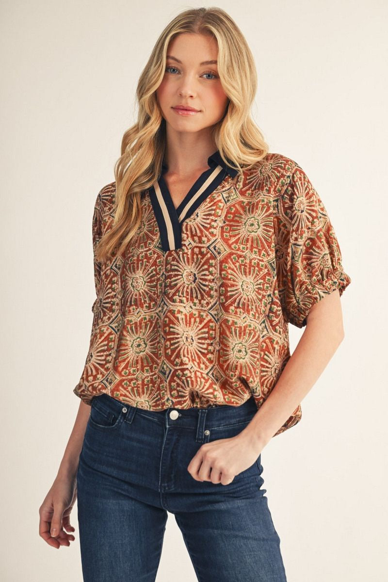 Boho Print Drop Shoulder Top with Contrast Collar