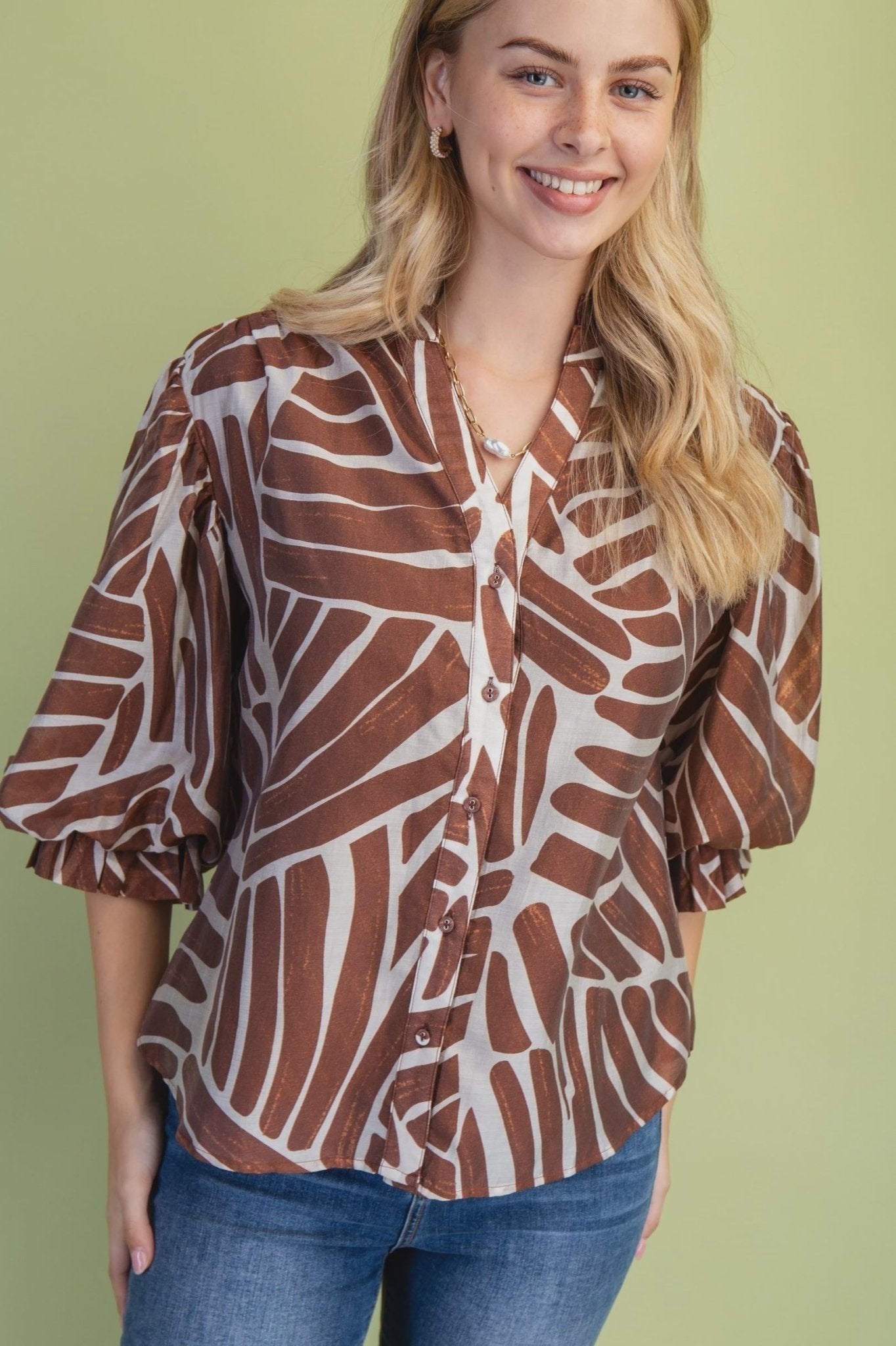 Abstract Print Button-Down Top with 3/4 Gathered Balloon Sleeves - Hello Beautiful BoutiqueTopGigio