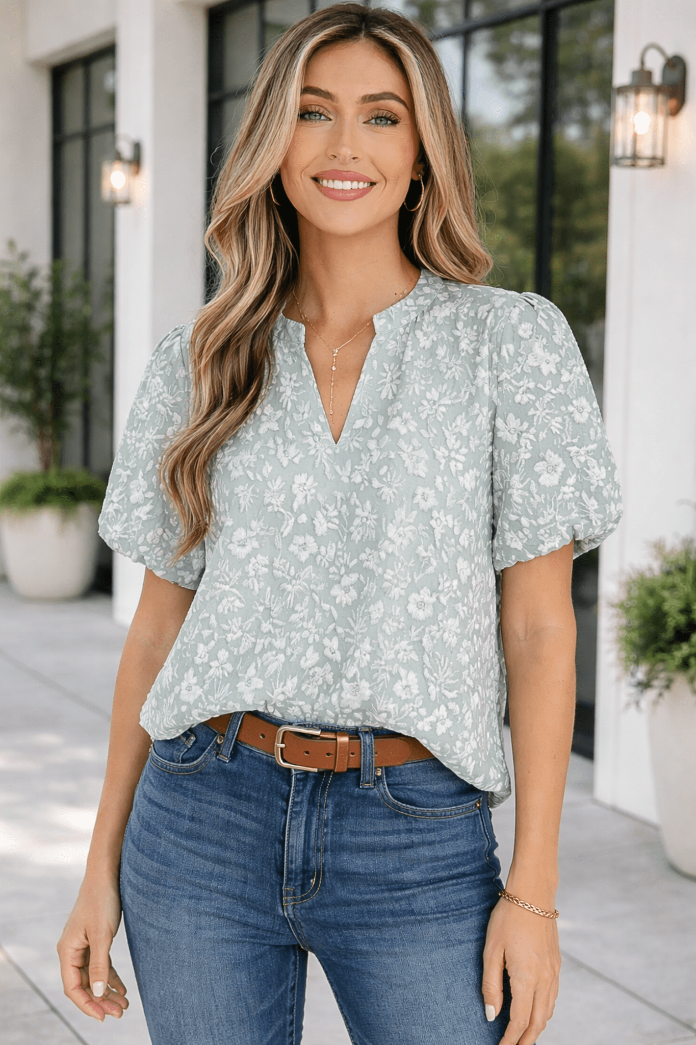 Adalyn Jacquard Puff Sleeve Blouse - Hello Beautiful BoutiqueBlouses & ShirtsThreaded Pear
