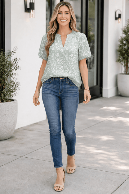 Adalyn Jacquard Puff Sleeve Blouse - Hello Beautiful BoutiqueBlouses & ShirtsThreaded Pear