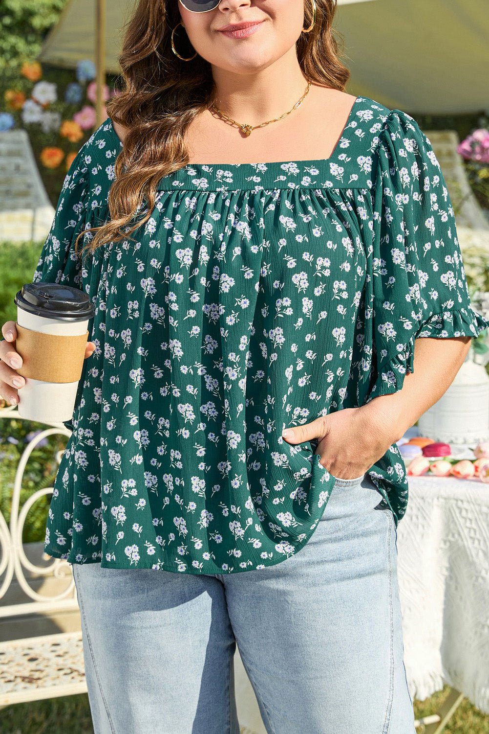 Adelynn Square Ruffled Trim PLUS Blouse - Hello Beautiful BoutiquePlus Size Blouses & ShirtsThreaded Pear