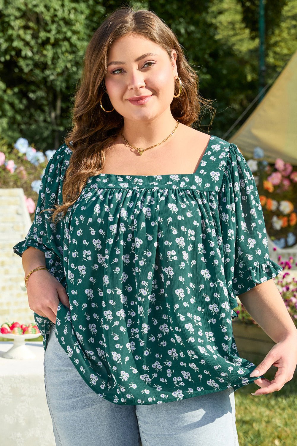 Adelynn Square Ruffled Trim PLUS Blouse - Hello Beautiful BoutiquePlus Size Blouses & ShirtsThreaded Pear