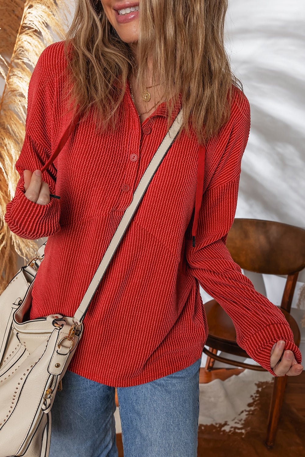 Alianna Collared Drawstring Pullover Top - Hello Beautiful BoutiqueLong Sleeve TopsThreaded Pear