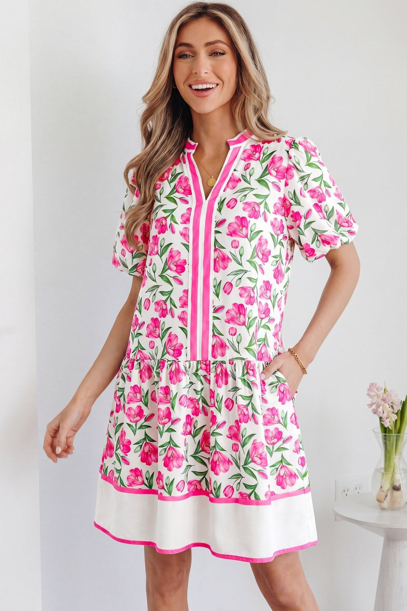 Aliya Block Trim Short Dress - Hello Beautiful BoutiqueFloral DressesThreaded Pear