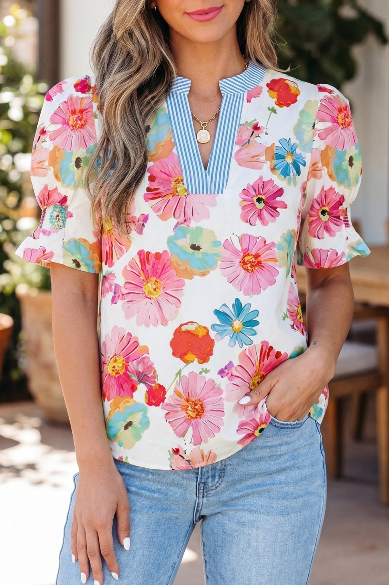 Alma Sleeve Striped Trim Blouse - Hello Beautiful BoutiqueBlouses & ShirtsThreaded Pear