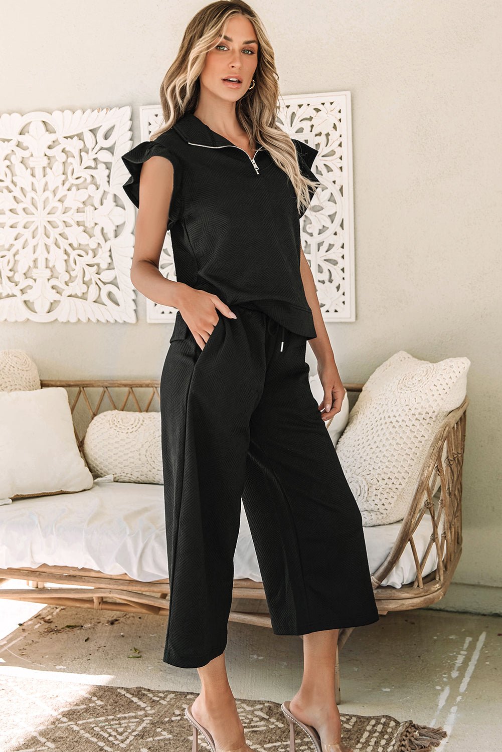 Alyssa Textured Flutter Sleeve Top - Hello Beautiful BoutiquePant SetsThreaded Pear