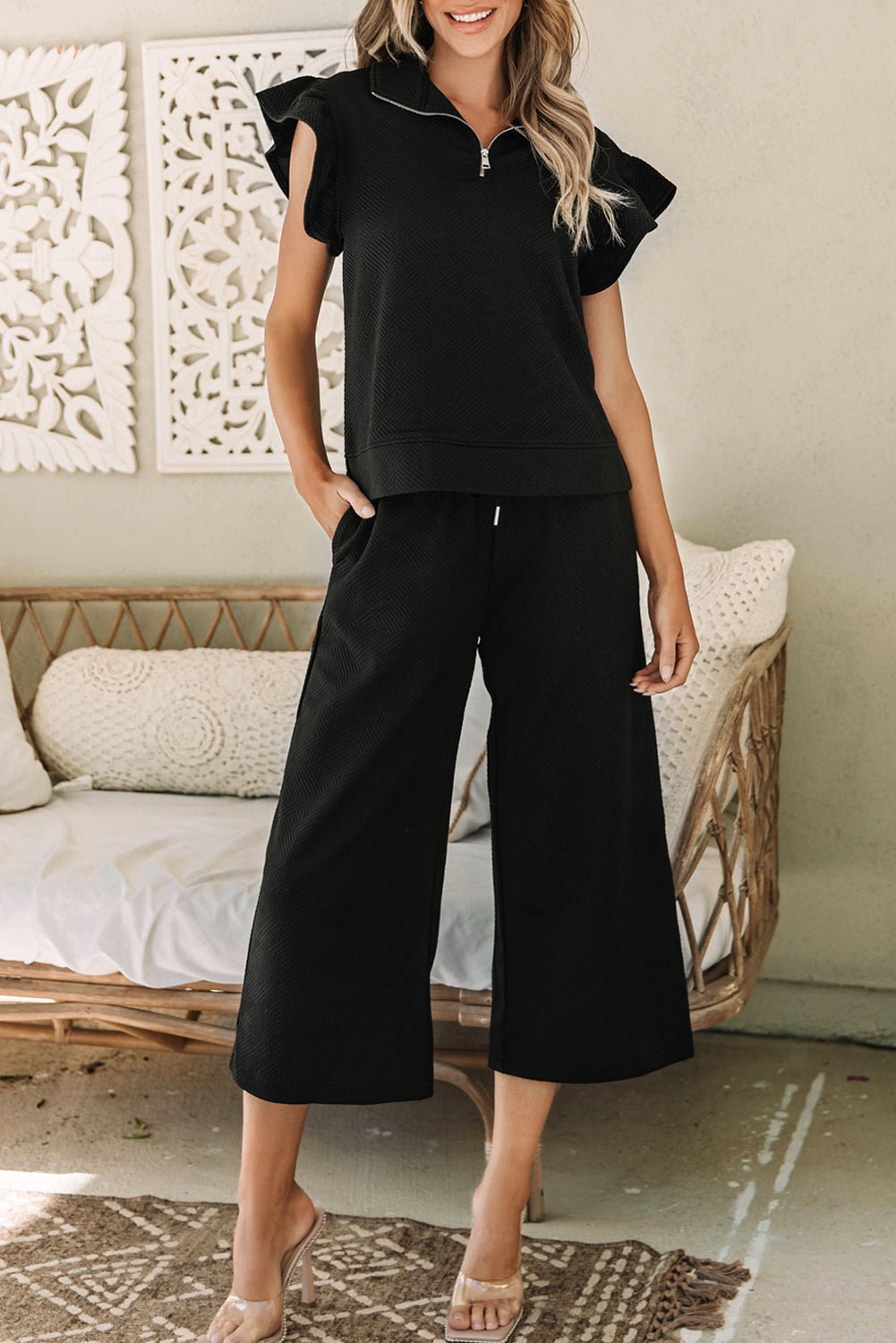 Alyssa Textured Flutter Sleeve Top - Hello Beautiful BoutiquePant SetsThreaded Pear