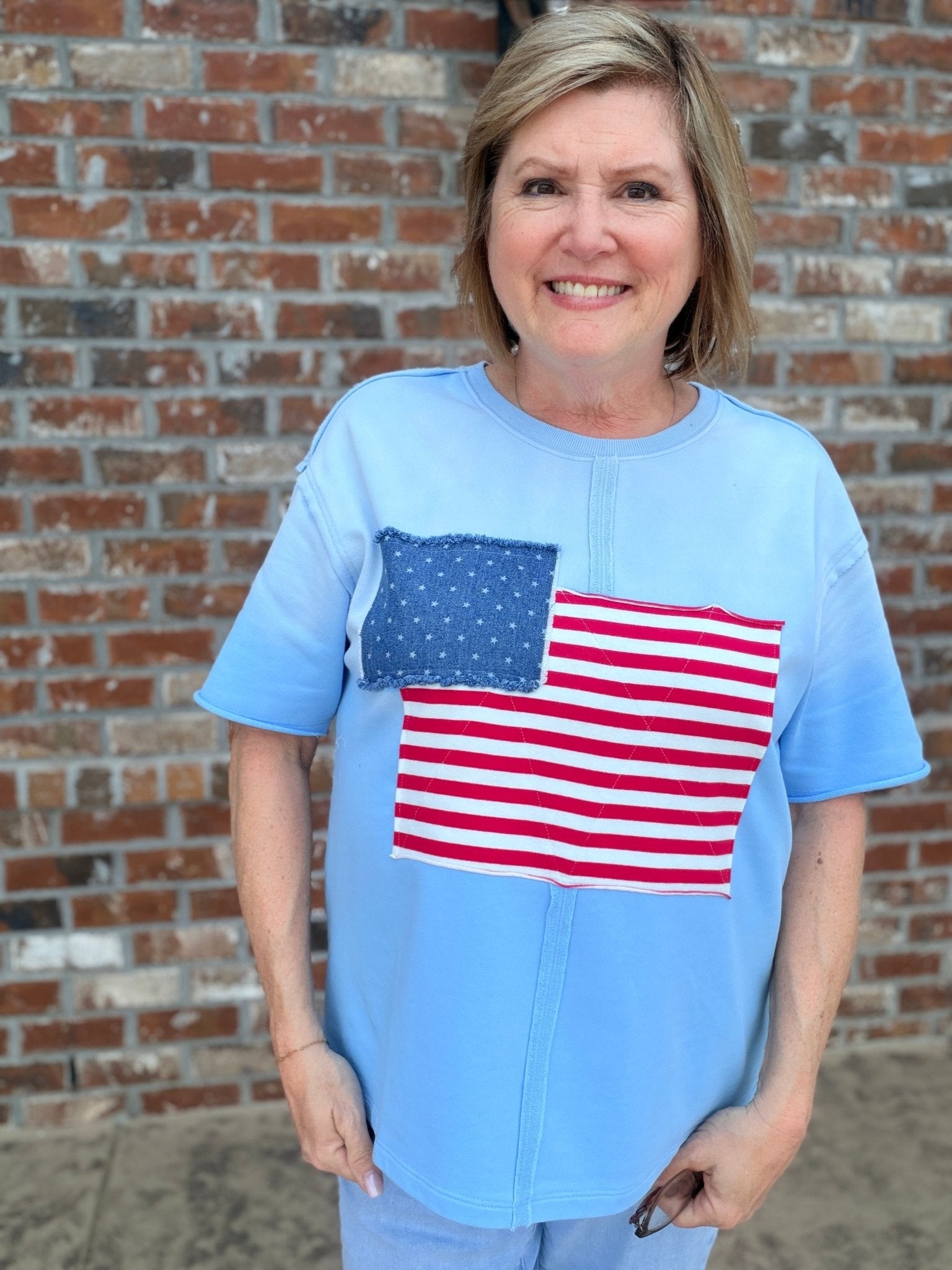 American Flag Patch Short Sleeve Casual Top - Hello Beautiful BoutiqueTopsJodifl