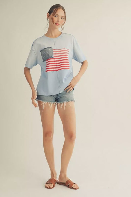 American Flag Patch Short Sleeve Casual Top - Hello Beautiful BoutiqueTopsJodifl