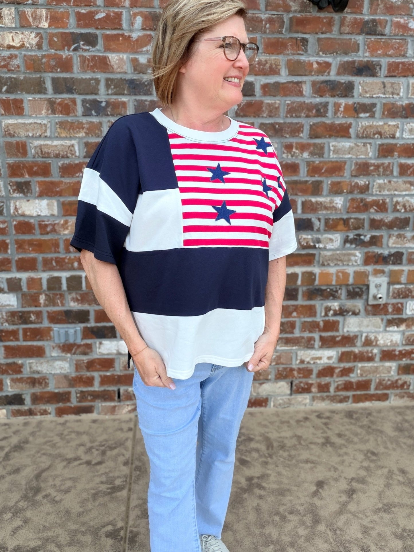 American Flag Patchwork Drop Shoulder Top - Hello Beautiful BoutiqueTopsJodifl