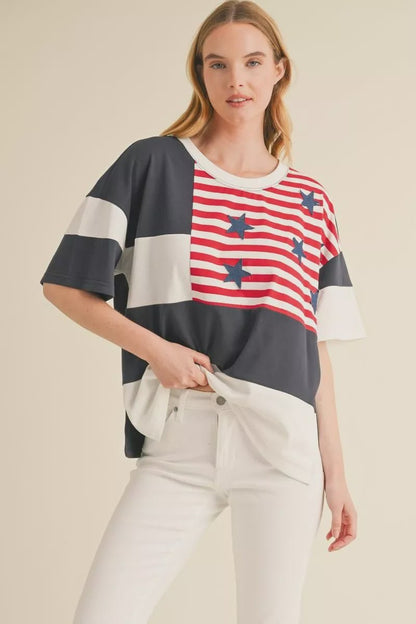 American Flag Patchwork Drop Shoulder Top - Hello Beautiful BoutiqueTopsJodifl
