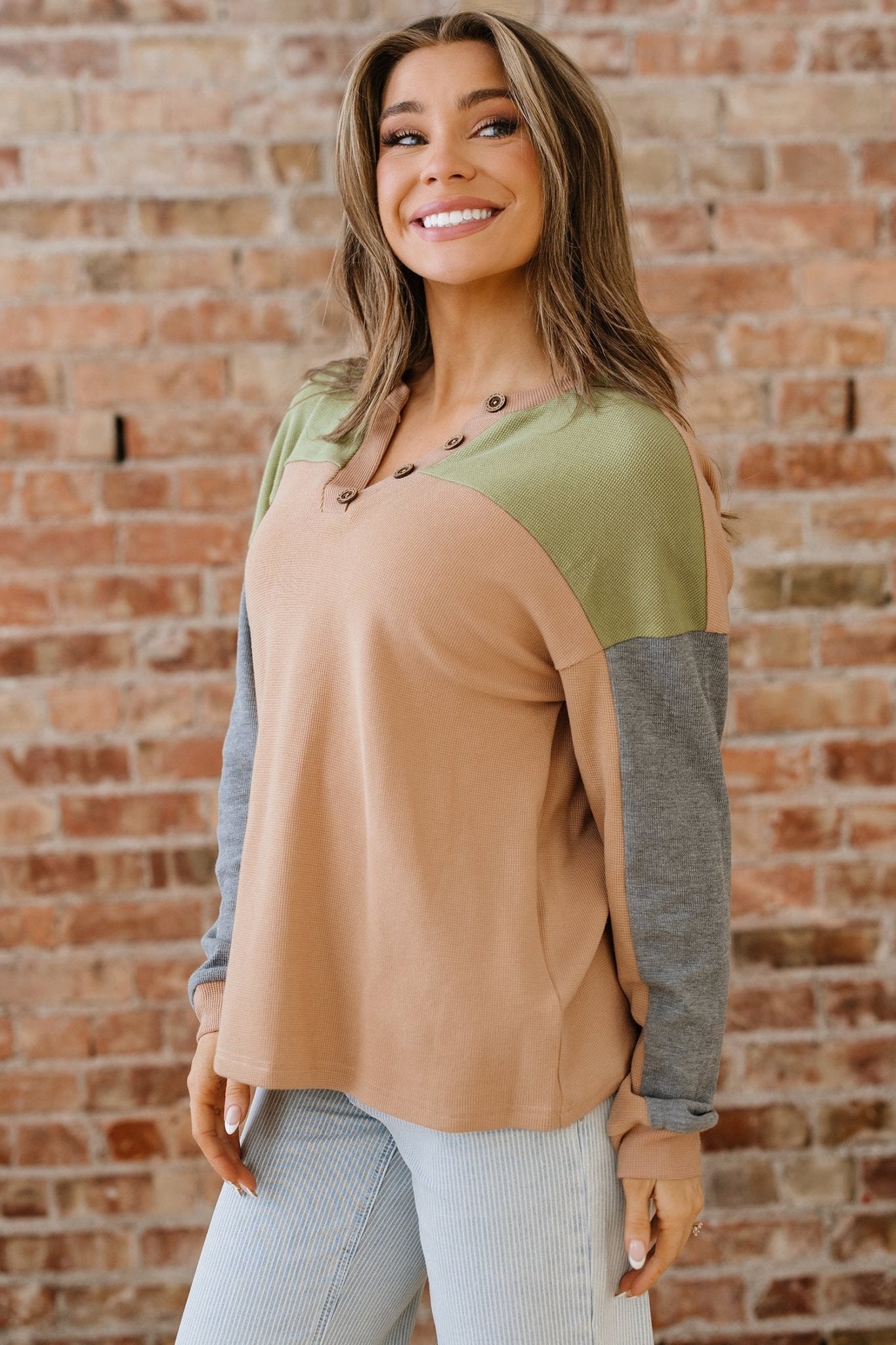 Amirah Drop Shoulder Henley Top - Hello Beautiful BoutiqueLong Sleeve TopsThreaded Pear