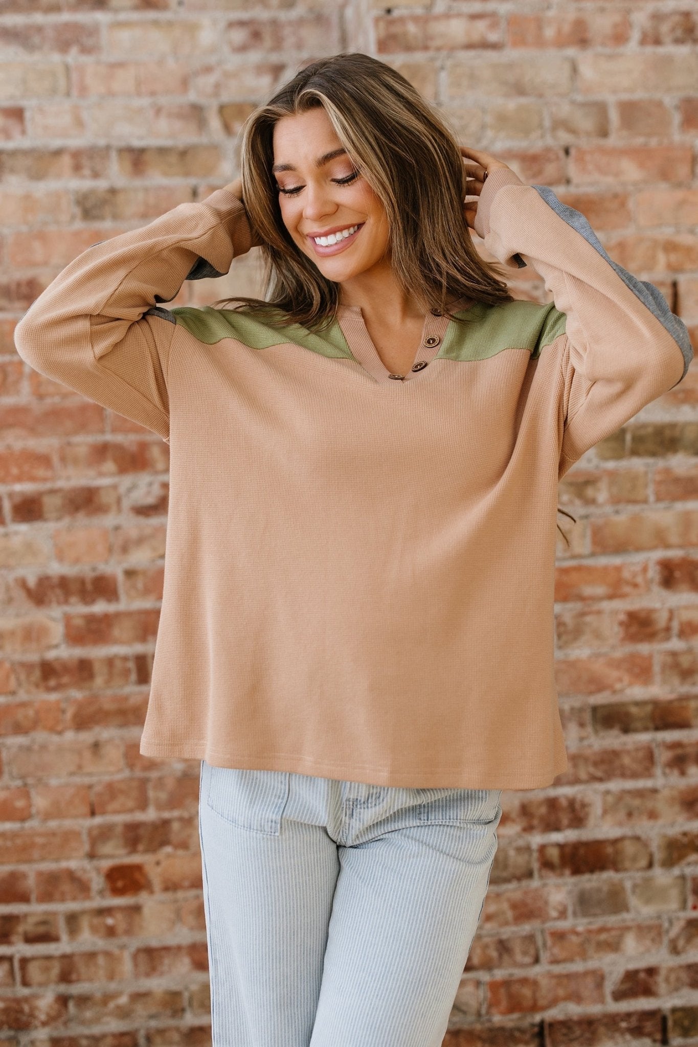 Amirah Drop Shoulder Henley Top - Hello Beautiful BoutiqueLong Sleeve TopsThreaded Pear