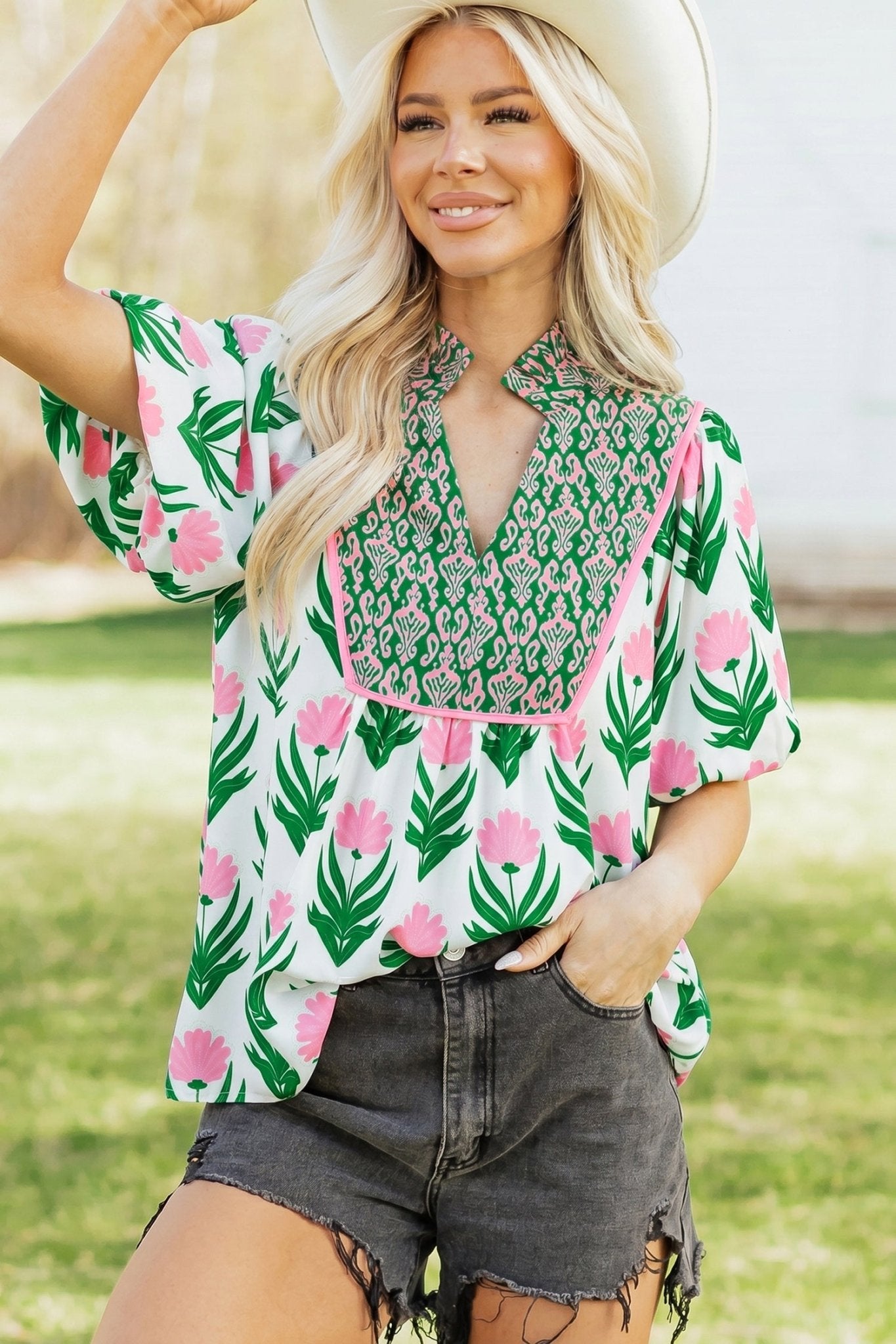 Amiri Sleeve Contrast Bordered Blouse - Hello Beautiful BoutiqueBlouses & ShirtsThreaded Pear