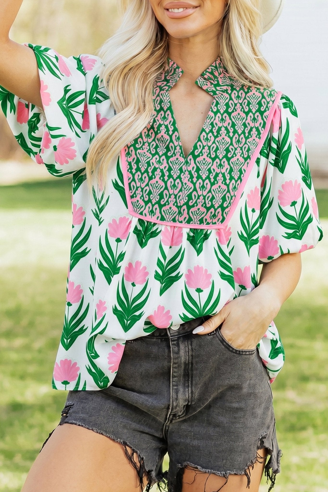 Amiri Sleeve Contrast Bordered Blouse - Hello Beautiful BoutiqueBlouses & ShirtsThreaded Pear