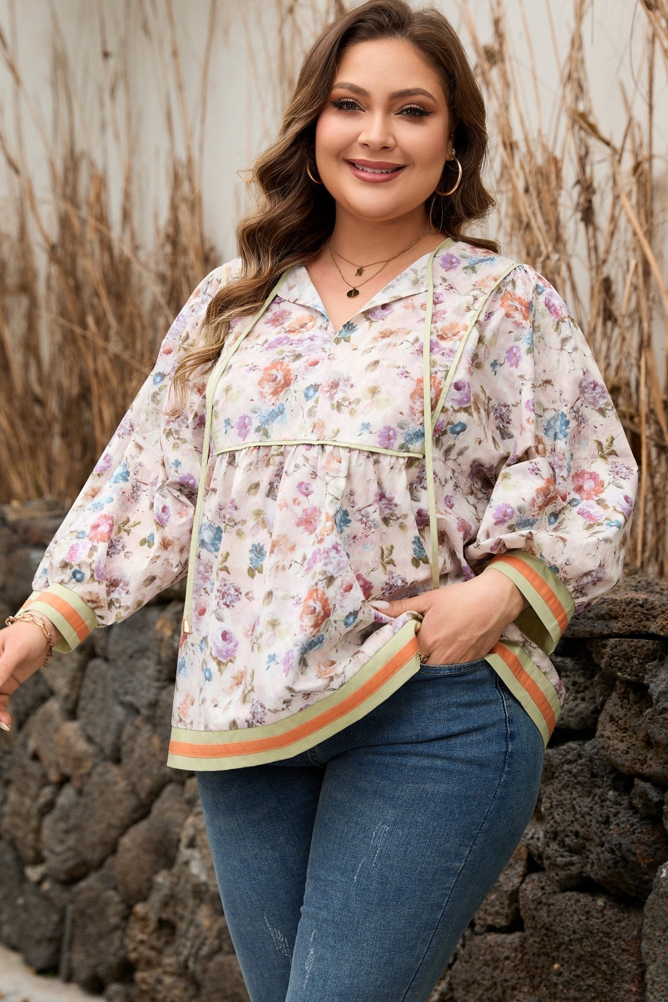 Andi Striped Detail Babydoll PLUS Blouse - Hello Beautiful BoutiquePlus Size Blouses & ShirtsThreaded Pear