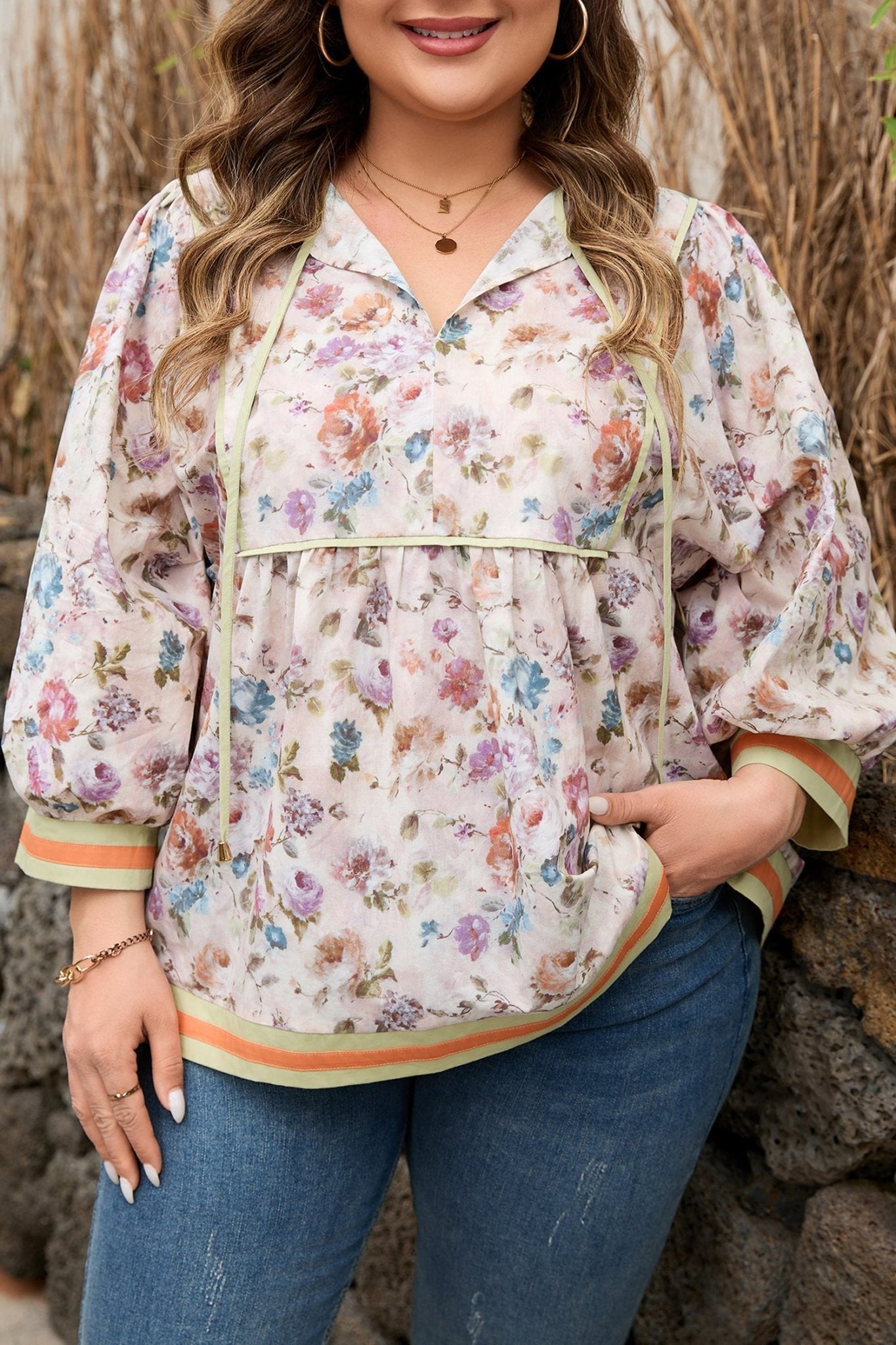 Andi Striped Detail Babydoll PLUS Blouse - Hello Beautiful BoutiquePlus Size Blouses & ShirtsThreaded Pear
