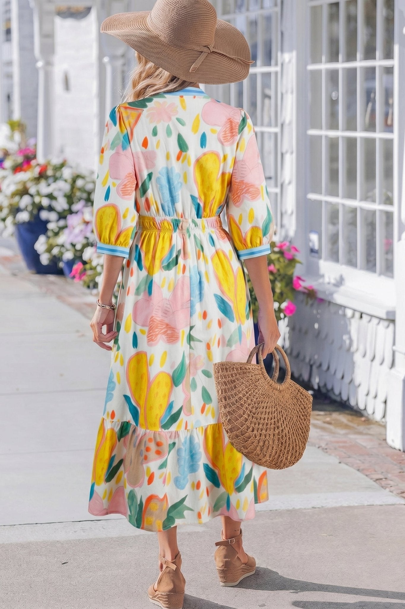 Angel Striped Trim Midi Dress - Hello Beautiful BoutiqueFloral DressesThreaded Pear