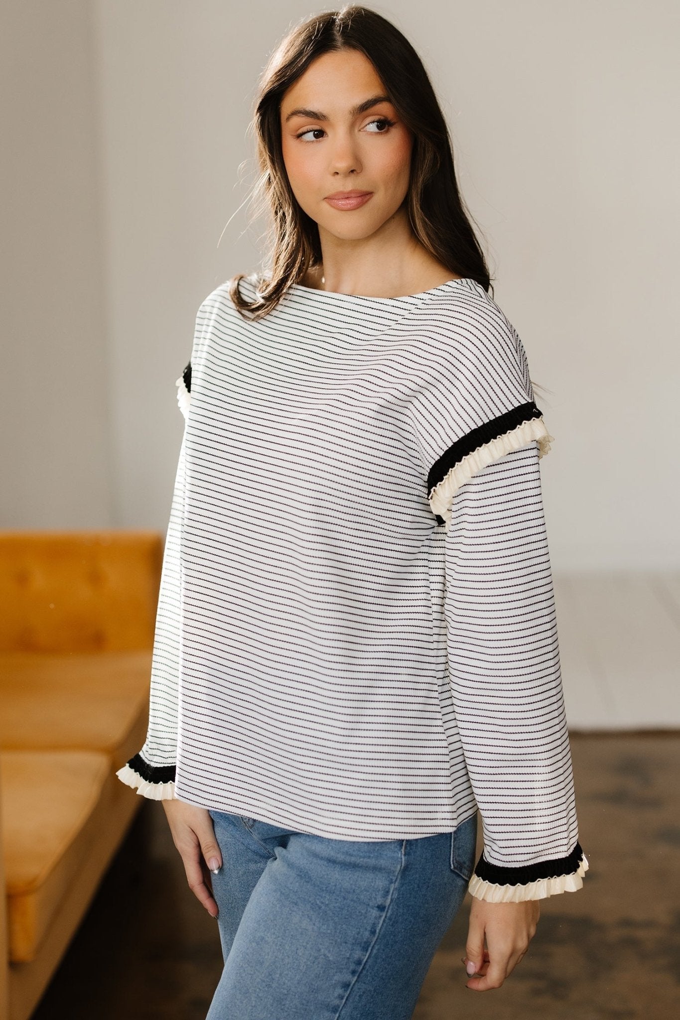 Anya Ruffle Trim Loose Long Sleeve Top - Hello Beautiful BoutiqueLong Sleeve TopsThreaded Pear