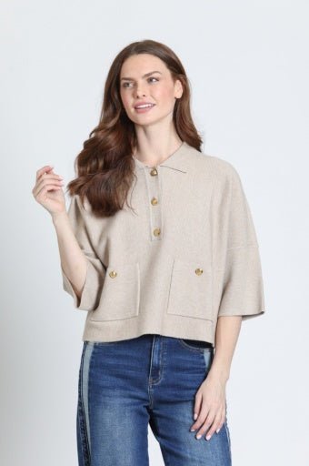 APNY Cropped Pocket Polo Sweater in Heather Sand - Hello Beautiful BoutiqueSweaterAPNY