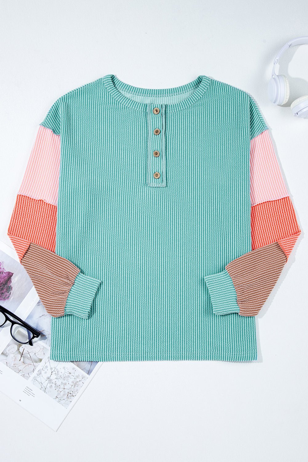 Aria Knit Colorblock Henley Top - Hello Beautiful BoutiqueLong Sleeve TopsThreaded Pear