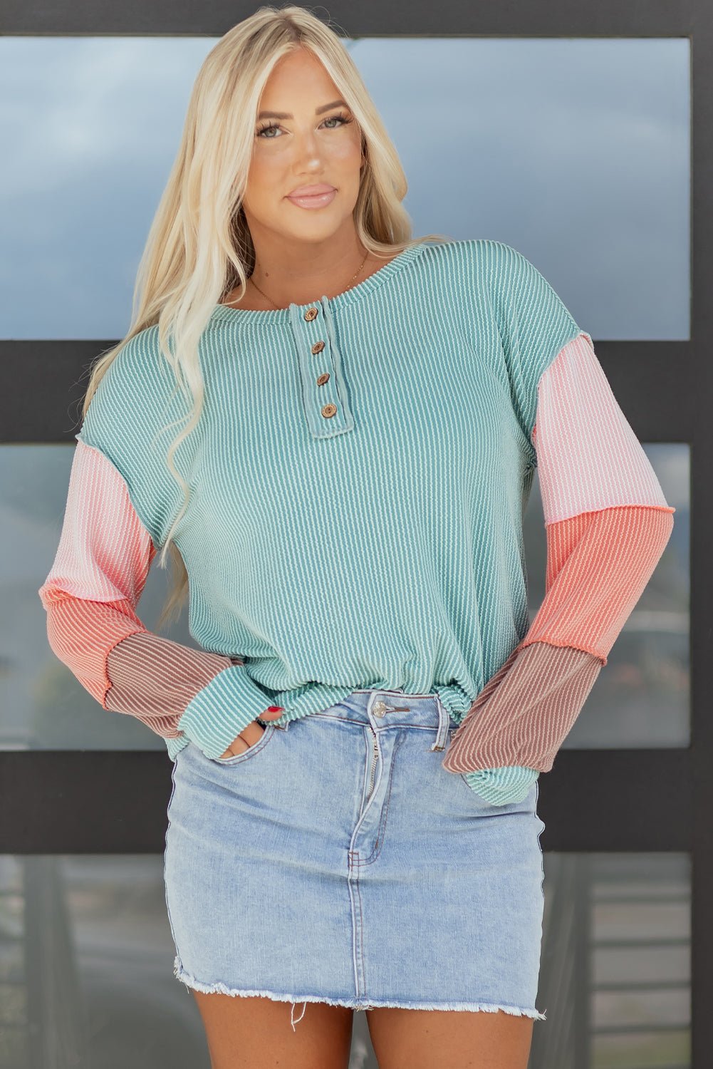 Aria Knit Colorblock Henley Top - Hello Beautiful BoutiqueLong Sleeve TopsThreaded Pear