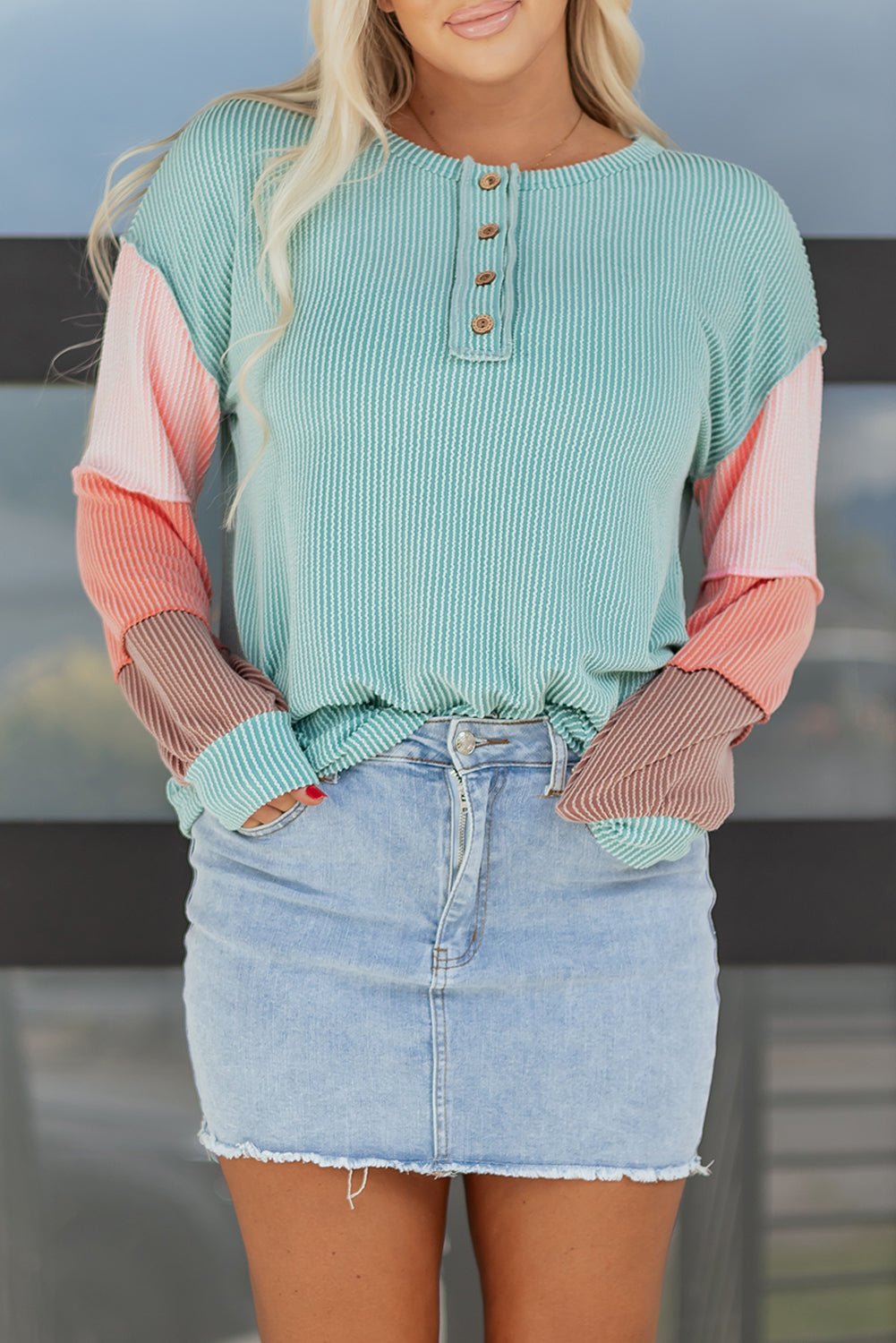 Aria Knit Colorblock Henley Top - Hello Beautiful BoutiqueLong Sleeve TopsThreaded Pear