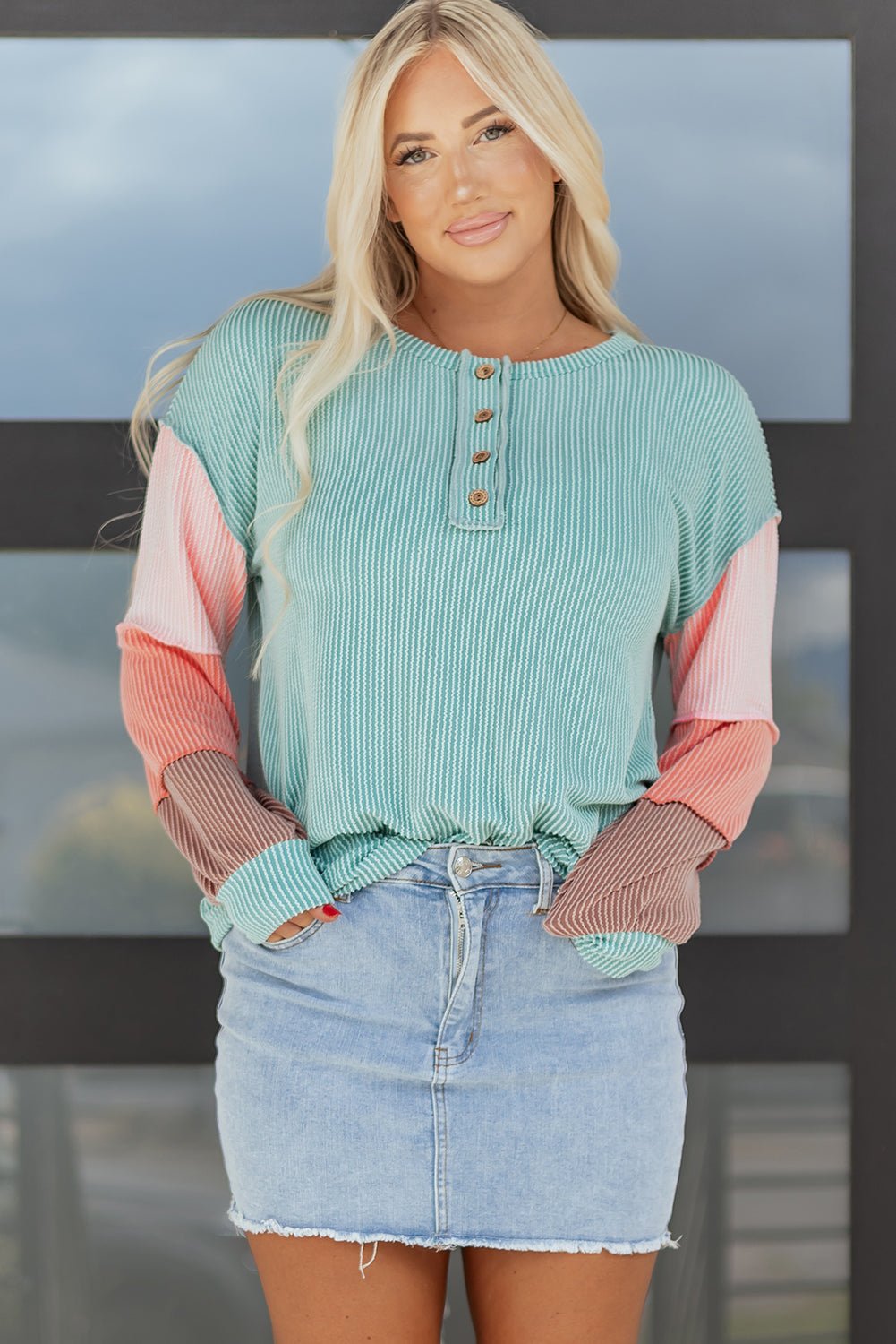 Aria Knit Colorblock Henley Top - Hello Beautiful BoutiqueLong Sleeve TopsThreaded Pear