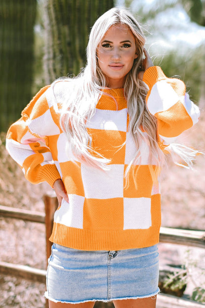 Ashley Checkered Bishop Sleeve Sweater - Hello Beautiful BoutiqueSweatersThreaded Pear
