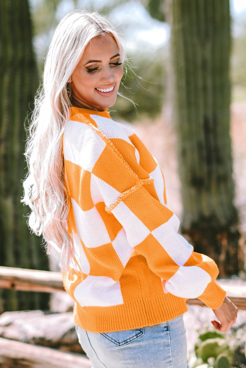 Ashley Checkered Bishop Sleeve Sweater - Hello Beautiful BoutiqueSweatersThreaded Pear