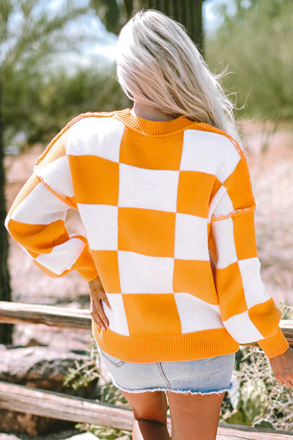 Ashley Checkered Bishop Sleeve Sweater - Hello Beautiful BoutiqueSweatersThreaded Pear
