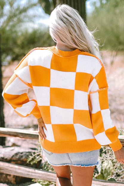 Ashley Checkered Bishop Sleeve Sweater - Hello Beautiful BoutiqueSweatersThreaded Pear