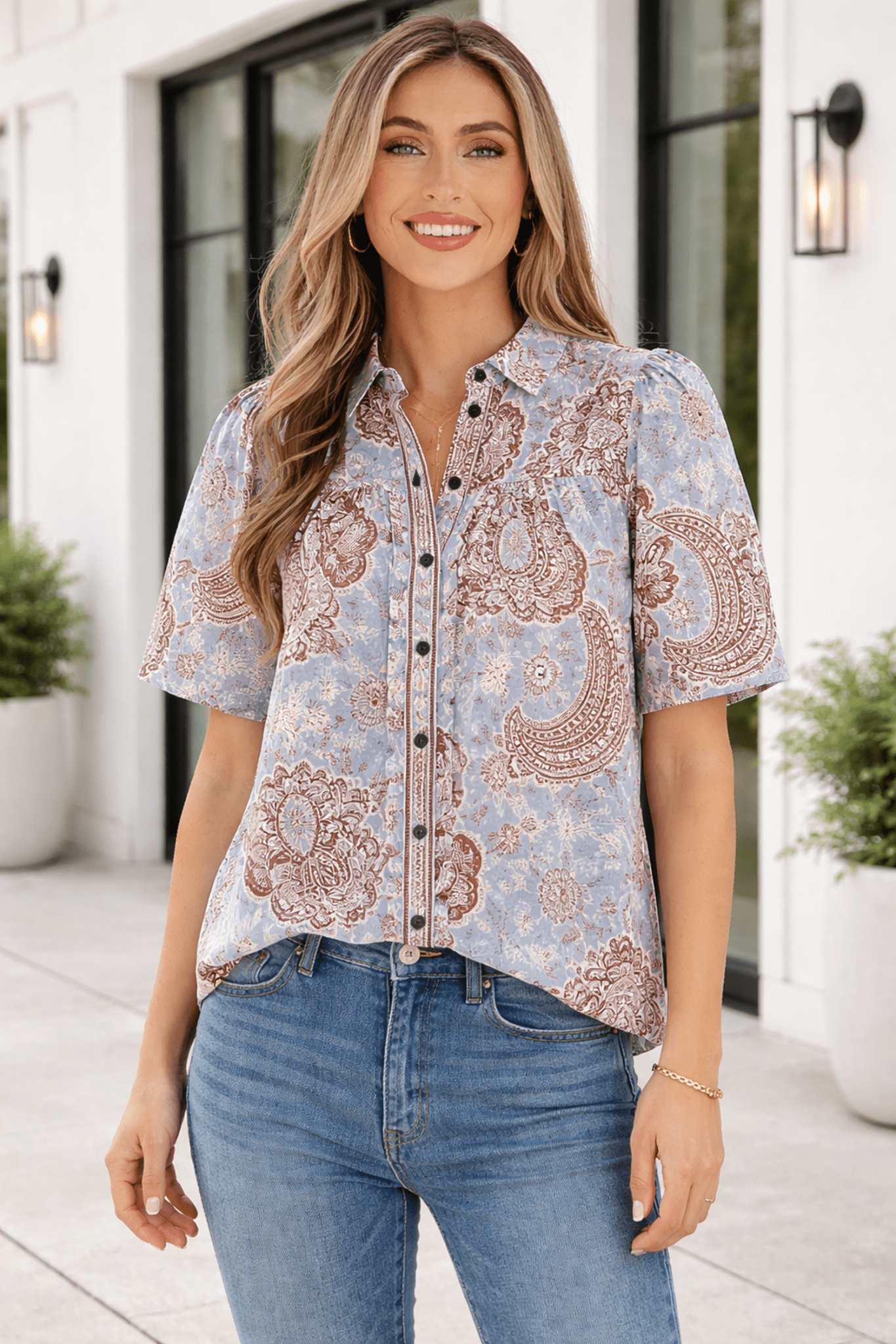 Athena Down Short Sleeve Shirt - Hello Beautiful BoutiqueBlouses & ShirtsThreaded Pear